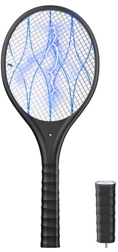 AROEVE Raqueta Mosquitos Electrica, 4000V Raqueta Matamoscas Electrica, Carga USB, Luz LED, Linterna Desmontable, Protección de 3 Capas, Doble Interruptor, Hogar, Jardín, Negro