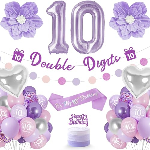 Palloncini Compleanno 10 Anni, Decorazioni Compleanno Bambina Viola Tra Cui Palloncini Foil 10 Anni, Striscioni, Tracolla, Topper Torta