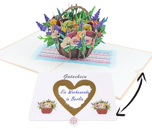 Favour Pop Up® - NEU & GENIAL – beim Öffnen der 3D Karte entfaltet sich ein bunter Blumenkorb, perfekt ist die Überraschung beim Freirubbeln deiner Botschaft unter dem goldenen Herz.