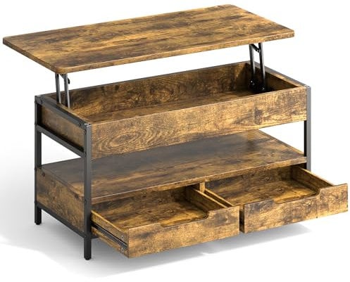 Bealife Couchtisch, höhenverstellbarer Wohnzimmertisch, mit 2 Schubladen, offenem Fach & verstecktem Stauraum, Stahlrahmen, belastbar bis 100 kg, 100 x 48 x (49-61) cm - (Retro)