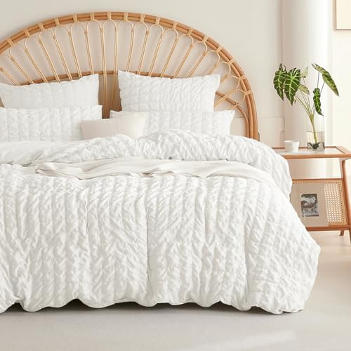 Seersucker Bettwäsche 140x200 Weiß Kariert Bettbezug mit Kissenbezug 70x90 | Sommerbettwäsche Set, Modern, Kühlende, Strukturiert, Sommer, Atmungsaktiv, Leicht, Microfaser, Reißverschluss, Einzelbett