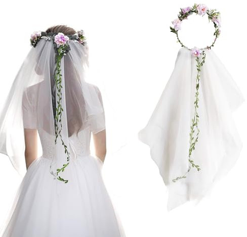 LIANCHEN Schleier Braut Kranz Kopfschmuck Blumenkranz Brautschleier Blumen Krone Blumen Künstliche Blumen Krone Blumenkranz Haare mit Schleier für Braut, Festival, Party, Halloween (Lila)