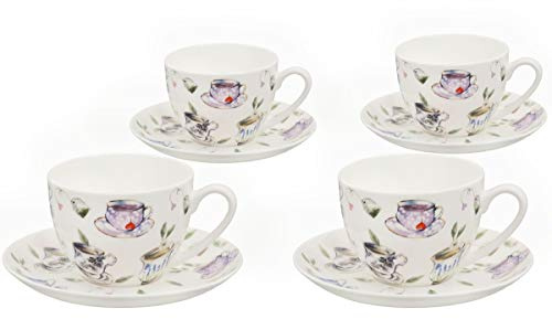 Buchensee Kaffeetassen, Teetassen Set aus Fine Bone China Porzellan. 4 Kaffeetassen je 210ml und 4 Unterteller, Tassenmuster