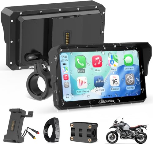Carpuride W602S Pro Motorcycle Carplay Screen with Bidirectional Charging | BM05 Bracket, Wireless CarPlay & Android Auto, 6.25 Waterproof Touchscreen, OTA, Dual Bluetooth, Intercom, Wired Controller.