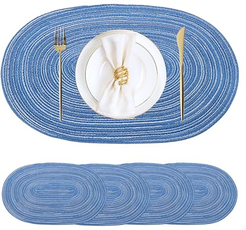 CAMAL Oval Placemat 4er Set 30cm x 45cm Tischset Baumwolle Stoff Platzdeckchen Abwaschbar Tischset Oval Geflochten Platzdeckchen für Abendessen, Bankett, Party, Wohnkultur (Blau)