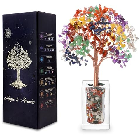 MAGIC AND MIRACLES 7 Chakras Arbre de Vie en Cristal Naturel 486 Pierres Feng Shui Chakra Reiki Arbre Bonsaï Énergie Décoration Maison Bureau Cadeau Luxe Base Verre avec Pierres 23 cm