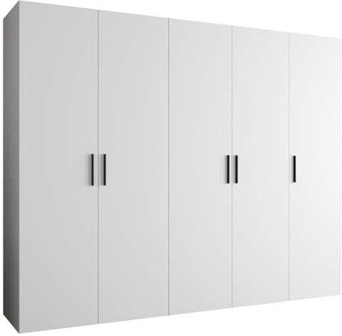 MEBLE KRYSPOL - Kleiderschrank - Garderobenschrank - 250 cm x 202 x 52 cm - Schrank mit Kleiderstange, 5 Türen - für Schlafzimmer, Flur - BARI, Weiß, Griff Schwarz