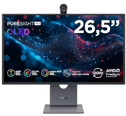 Lenovo Yoga Pro 27UD‑10 Monitor 27 Pollici 4K QD‑OLED, 120Hz, USB4 con Power Delivery 140W, Webcam 4K, Dolby Atmos, Ideale per Lavoro Creativo e Home Office - Colori precalibrati