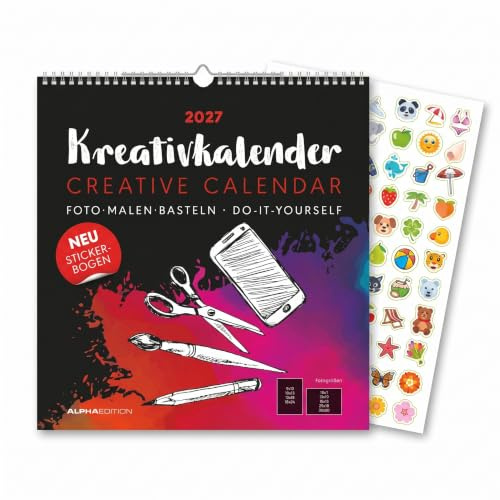 Kreativkalender XL schwarz 2027: Bastelkalender 32x33 cm mit schwarzem Hintergrund, Stickerbogen, echtem Bastelkarton und gestaltbarem Titelblatt