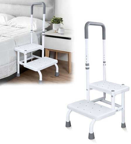 2 Tiers Bath Step with Handle, Bath Steps for Getting Into and Out of Bath, Heavy Duty Steps for Elderly 5-Level Height Adjustment Supporting Up to 300 Lbs, Footstool for Bed, Kitchen, Bathtub