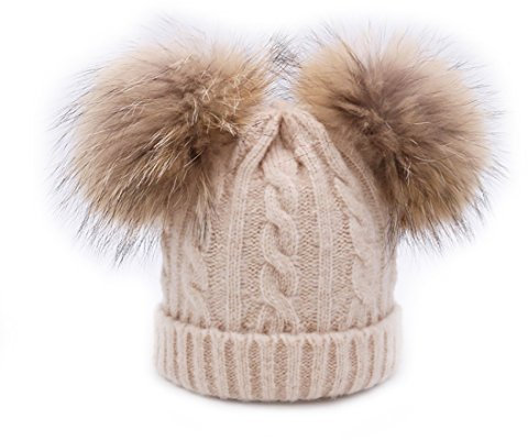 BeFur Kinder Winter Zopfmuster Bommelmütze Hut Beanie Cap mit zwei Bommel - Beige