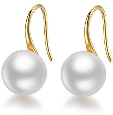 Pearl Earrings For Women, 925 Sterling Silver Freshwater Cultured Pearl Drop Dangle Hook Earring Jewellery (Yellow Gold Plated Sterling Silver,8.5-9.0mm)