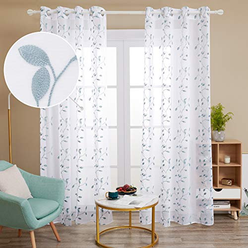 Deconovo Voile Vorhang Leinenoptik Ösenvorhang Transparent Dekoschal mit Stickerei Blatt, 240x140 cm(HöhexBreite), Blaugrün, 2er Set