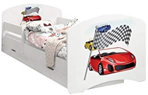 Happy Babies - Doppelseitiges Kinderbett MIT SCHUBLADE Modernes Design mit sicheren Kanten und Absturzsicherung Schaumstoffmatratze 7 cm. (140x70, 79. 3 Autos)