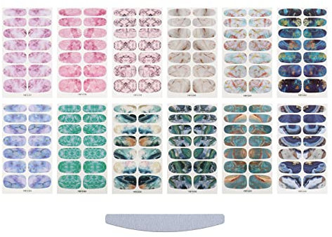 Be In Your Mind 12 Blätter Marmor Stil Selbstklebende Nagelaufkleber mit Nagelfeile, Nagel Kunst Abziehbilder Dekoration Full Wrap Maniküre Aufkleber für Damen Mädchen