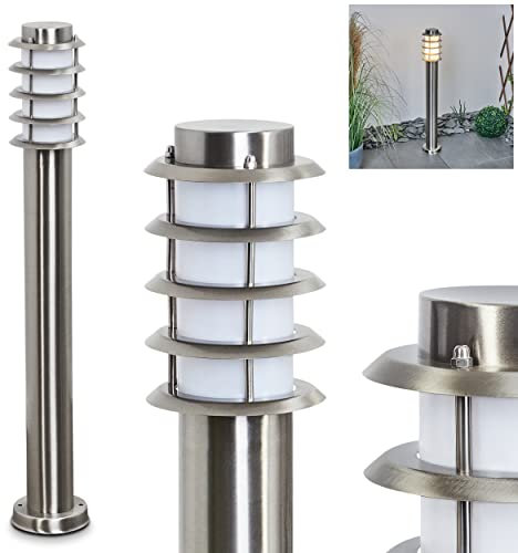 Außenwegeleuchte Tunes, moderne Sockelleuchte aus Metall/Kunststoff in Nickel-matt/Weiß, Wegeleuchte 80 cm, Gartenlampe m. E27, ohne Leuchtmittel, Gartenbeleuchtung IP44