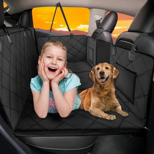 ROUWINNE Hundedecke Auto Rückbank – Großer Raum, Hunde Autositz Rückbank,Harte Bodenstütze bis 181 kg, Wasserdicht Hundebett Auto Rückbank, Kratzfest Hundebett für Autos Schwarz