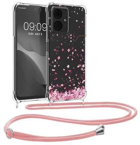 kwmobile Necklace Case kompatibel mit Motorola Moto G14 Hülle - Silikon Cover mit Handykette - Rosa Dunkelbraun Transparent Kirschblütenblätter