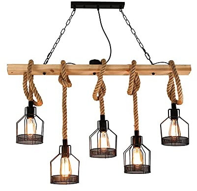 Rétro Industriel 5 Têtes Vintage Lampes Suspendues DIY Hauteur Réglable Corde De Chanvre Éclairage De Plafond En Bois Salle À Manger Intérieur En Métal Lampe Suspendue Chambre Bar Plafonnier Luminaire