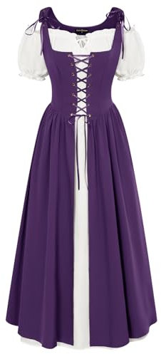 SCARLET DARKNESS Robe Maxi Renaissance pour Femme Corset Manches Courtes Bouffantes avec Laçage Robe Traditionnelle Fluide Violet L