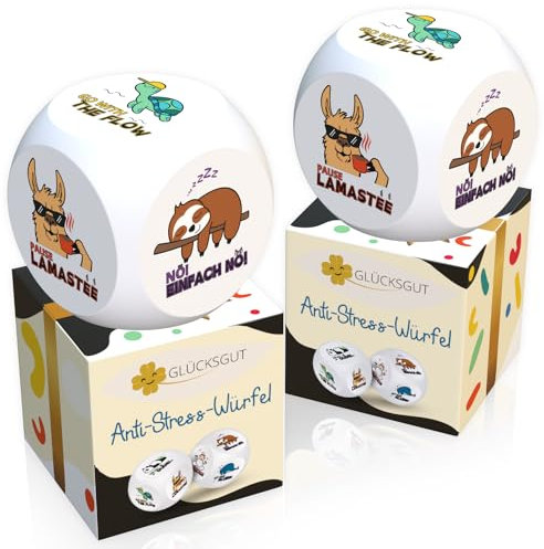 GLÜCKSGUT® Anti-Stress-Würfel | 2er Pack Chill Out | Lustiger Stresswürfel | 6 Motive, Geschenkbox & Anleitung | Spielzeug für Stressabbau, Kollegen & Büro Geschenk