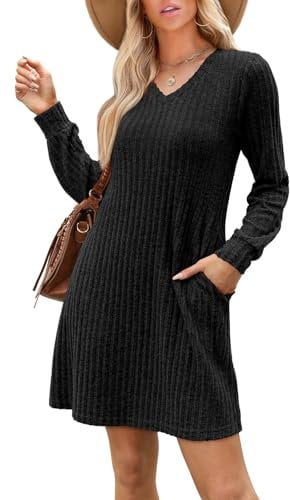 Aokosor Jumper Dresses for Women Long Sleeve Dress Ladies Casual Tunic Dress with Pockets Knee Length Black Size 10-12