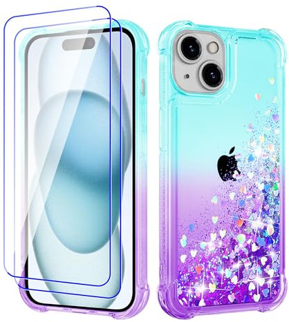 Pilaru Lovely for iPhone 15 Plus Case[2 Screen Protector] Clear Liquid Heart Glitter Soft TPU Cover Transparent Girly Shockproof Protective Phone Case for iPhone 15 Plus,Green-Purple