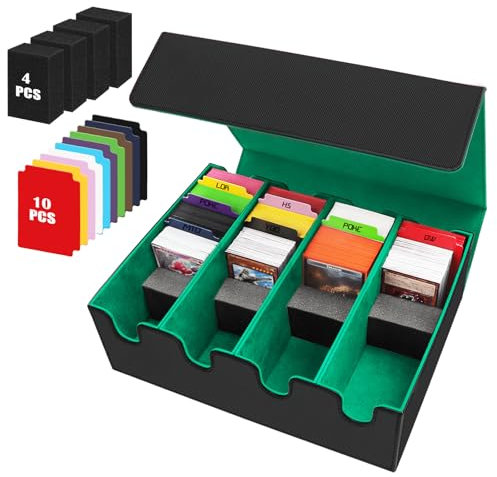 Karten Box für 2800+ Karten, Sammelkarten-Aufbewahrungsboxen mit 10 Bunt Trennwänden, 4 Schaumblöcke, Premium Magnetic Deck Boxen, PU Leder Deck Case für TCG Magic The Gathering Karten (Schwarz Grün)