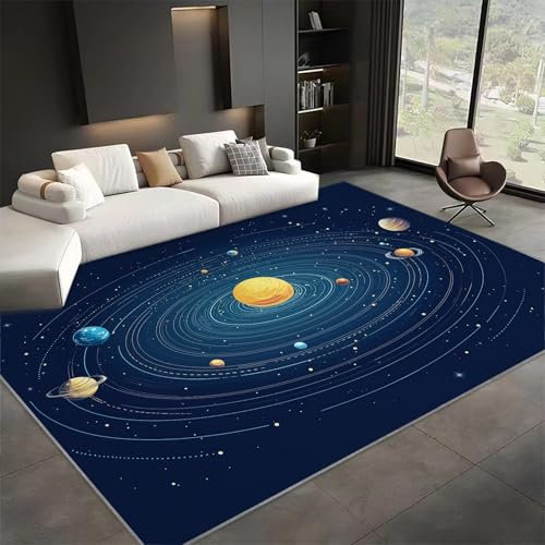 Großer Teppich 160x230cm, Luxuriös Superweich Waschbarer Teppich Kurzflor rutschfest Weltraum Universum Planet, Vintage Teppich für Korridor Wohnzimmer, Schlafzimmer Blau