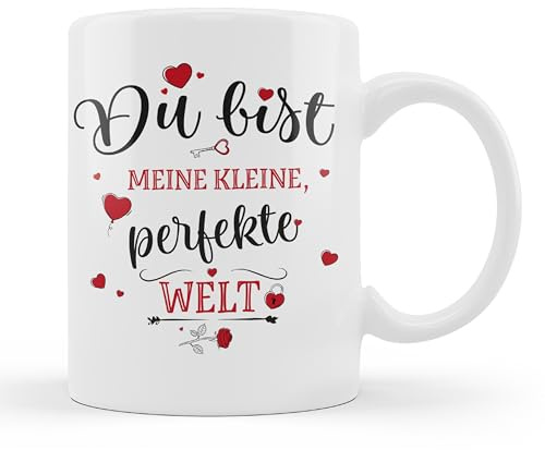 Tassensachen Tasse mit Spruch Du bist meine kleine perfekte Welt | Tasse Liebeserklärung | schöne Valentinstag, Jahrestag Geschenke | Liebes Tasse für Ihn & Sie aus Keramik in Weiß - ca. 330 ml