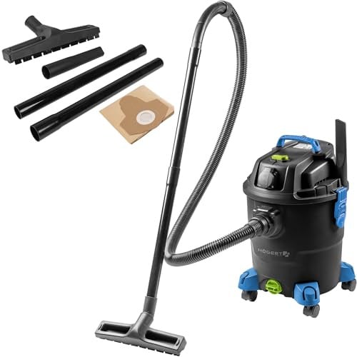 Högert Technik Nass- & Trockensauger, 20 L, 1200 W, Blasfunktion, Steckdose für Elektrowerkzeuge, 4 schwenkbare Räder, 1,5 m Schlauch, 4 m Kabel, robust & mobil