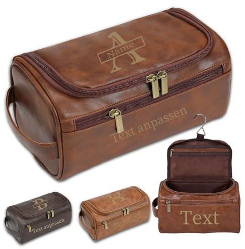 Trousse de Toilette Homme Personnalisée, Trousse de Voyage Gravée avec Nom ou Initiales, Cadeau Homme Mari, Cadeau Saint-Valentin, Fête des Pères, Mariage, Témoin (Châtain foncé)