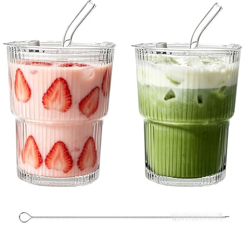 Foonary lot de 2 bicchieri in vetro da 390 ml con coperchio e cannuccia, spazzolino per cannuccia incluso, design ermetico e a tenuta stagna, per bevande calde e fredde: caffè freddo, frullati, succhi