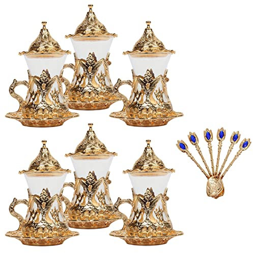 Set of 6 Handmade Turkish Tea Water Zamzam Glasses and Saucers (Gold)
