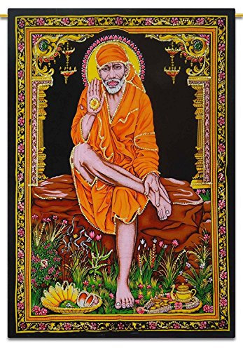 Krishna Tapisserie, einzigartige Laxmi-Arbeit, Shiva Radha, handgefertigt, Gott, Baumwolle, Buddha, Pailletten, Wandbehang, Widder, ethnisches indisches Poster (Sai Baba)