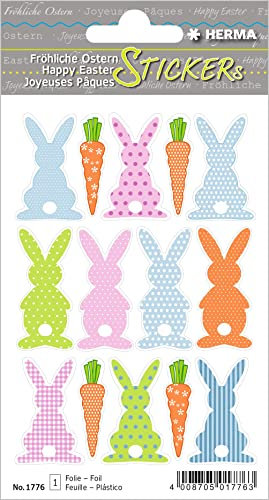 HERMA 1776 Aufkleber Osterhasen Bunt klein, 14 Stück, Ostern Sticker mit Ostermotiven, Happy Easter Etiketten für Ostergeschenke Osterdeko Scrapbooking Dekoration Geschenk Briefe DIY Basteln