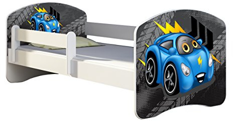 ACMA Kinderbett 180x80 Jugendbett mit Matratze, Rausfallschutz, Lattenrost Weiß, stabil, Kinderzimmer Bett, Jugendmöbel Design 05 Blaue Auto