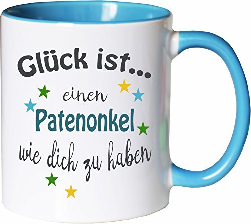 WarmherzIch Becher Tasse Glück ist… Patenonkel Kaffee Kaffeetasse liebevoll Bedruckt Freund Bruder Bro Geburt Weiß-Hellblau