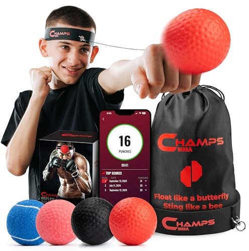 Champs MMA Boxing Reflex Balls Set of 4-Boxing Ball Gear of with Varying Weights with Adjustable Headband and 4 Spare Strings to Improve Speed and Hand-Eye Coordination for Men, Kids Boxing Equipment