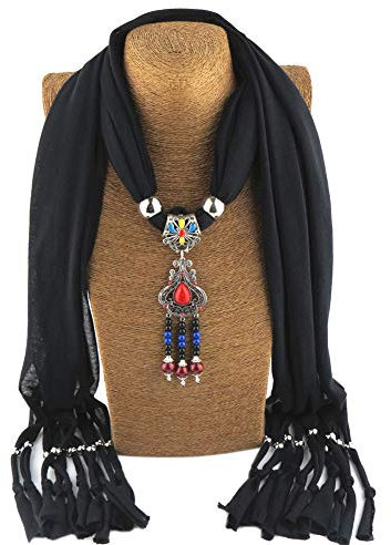MoreChioce Damen Halskette Schal,Nationaler Stil Anhänger Schal Fransenschal mit Halsschmuck Strass Perlen Ring Frau Winterschal Quaste Schlauchschal,Schwarz Keramik