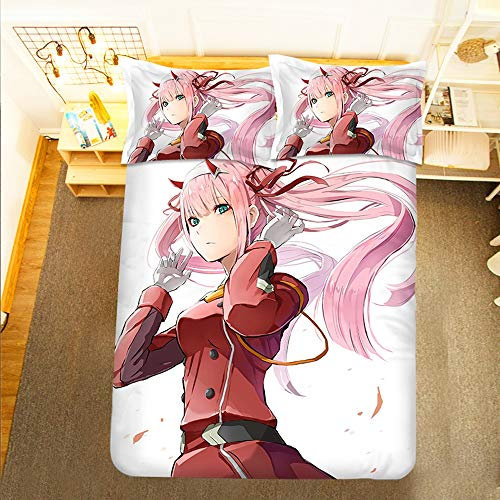 Jqchw LIEBLING In der FRANXX Bettwäsche-Sets, Rosa, Weiß Bettbezug-Set Leichter 100 Cotton Tröster Bezug-Set Gedruckt mit dem Anime-Mädchen Zero Two Bettwäsche mit 2 Kissen- (Größe : 135 * 200cm)