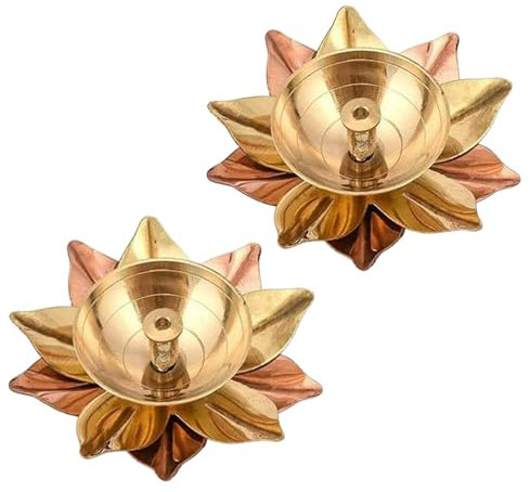 TIED RIBBONS Set of 2 Lotus Shape Brass Diyas for Pooja Home Decorations, Mandir, Temple | Decorative Flower Metal Diya Oil Lamp | Indian Pooja Return Gifts | Diwali Decorations | Diwali Diya