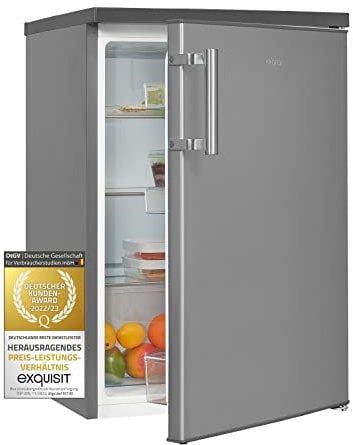 Exquisit® Frigorifico Table Top, 133L, Clase D, Material Acero Inox, Estantes de Cristal, Puerta Reversible, Cajón Verdulero, Hueveras, Luz LED, Consumo 72 kWh/año, Medidas 85x56x57,5 Cm.