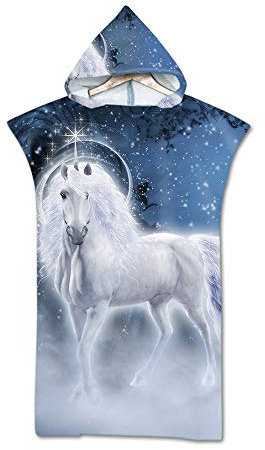 Hearda Schwimmen Surfen Strand Poncho, Saugfähiges Schnelltrocknend Kapuzenhandtuch, Mikrofaser 3D-Muster Kleidung wechseln Bademantel für Herren Damen (Einhorn,110x75cm)