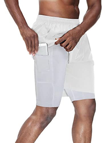 HMIYA Herren 2 in 1 Shorts Fitness Sporthose Kurz Jogginghose Schnelltrocknende Laufhose mit Kompressionsshorts und Taschen Reißverschlussfach(Weiß,EU-2XL/US-XL)