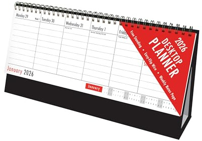 1ABOVE 2026 Desktop Flip Calendar – Red & Black Month-to-View Desk Calendar | Standing Daily Organiser for Office or Home