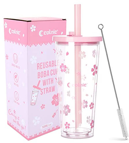 Colnic Reusable Boba Cup With Lids And Straws, 24Oz/700ml Smoothie /Iced Coffee Cup, Leakproof Kawaii Cup Tumbler With Boba Reusable Straw,Double Wall Clear Insulated Bubble Tea Cup