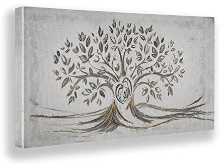Giallobus - Quadro - 02 - Capezzale Moderno - Sacra Famiglia e Albero della Vita - Black&Gold - Tela Canvas Telaio Premium Alto Spessore - 100x50 - Pronto da Appendere - Quadri Moderni per la casa