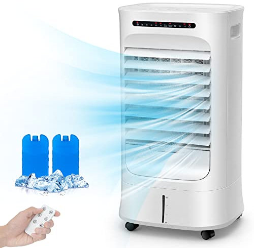 COSTWAY Condizionatore Portatile 4 in 1, Con Raffreddamento, Ventola, Umidificazione, Purificazione, Serbatoio dell’acqua di 10 L, 15H Timer, Con Telecomando e Ruote