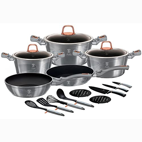 Berlinger Haus Moonlight Batería Cocina Inducción, Mármol sin PFOA, 3 Cazuelas, 3 Tapas Cristal, 2 Sartenes, 3 Cuchillos, 4 Utensilios, 2 Salvamanteles, Gris